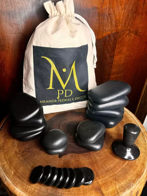 Kit 12 Pedras Quentes Vulcânicas + Kit Podal + Gua Sha Cogumelo + Sacola Ecológica + Bolsa Aquecedora