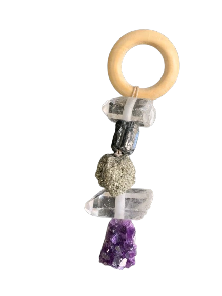 Colar de Mesa ou Porta com Cristais: Ponta Cristal, Turmalina Negra, Pirita, Drusa Ametista (16 cm)