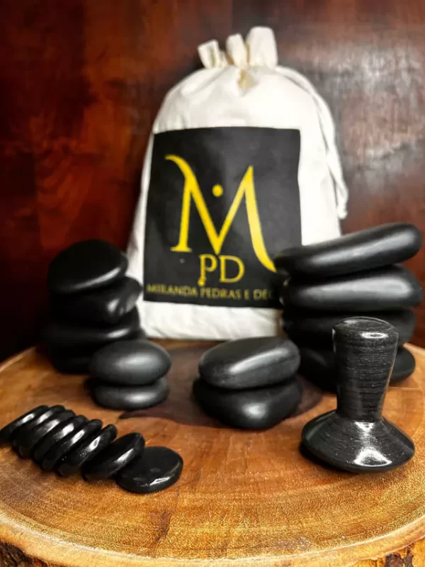 Kit 6 Pedras Quentes Vulcânicas + Kit Podal + Gua Sha Cogumelo + Sacola Ecológica + Bolsa Aquecedora