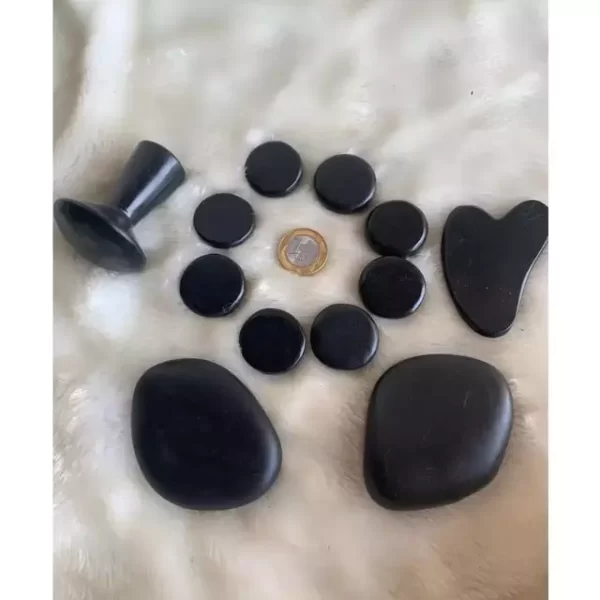 Kit Podal 8 Peças De Pedras Quentes Vulcânicas Para Massagem+ 2 Pedras Médias + 1 Gua Sha + 1 Massageador Cogumelo