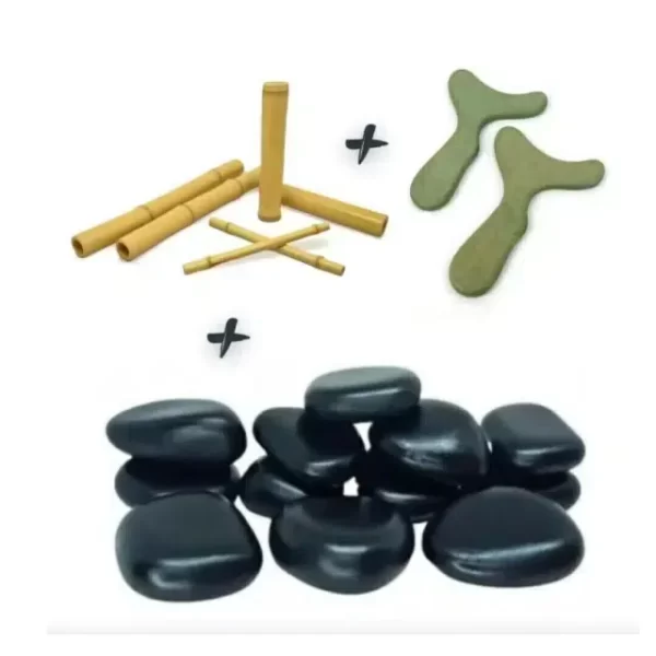Kit Massagem 7 Pedras Quentes Vulcânicas + 6 Bambus + 2 Pantalas